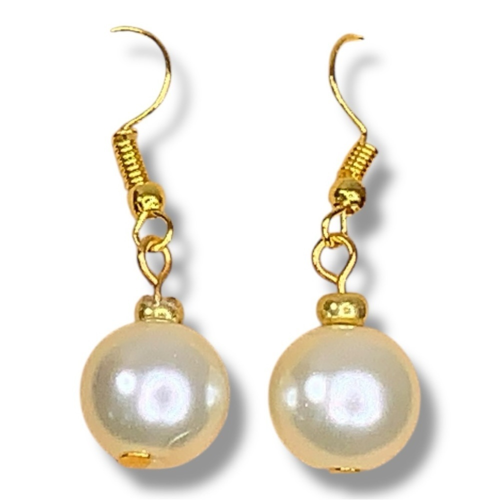 Gold White Large Pearl Bead Dangle Earrings Wedding Event Formal Hook Back